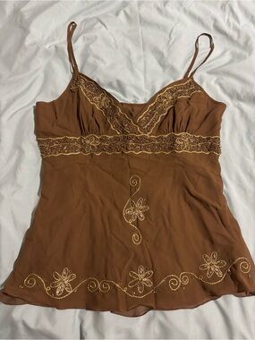 Silk Embroidered Brown Camisole Tank Top